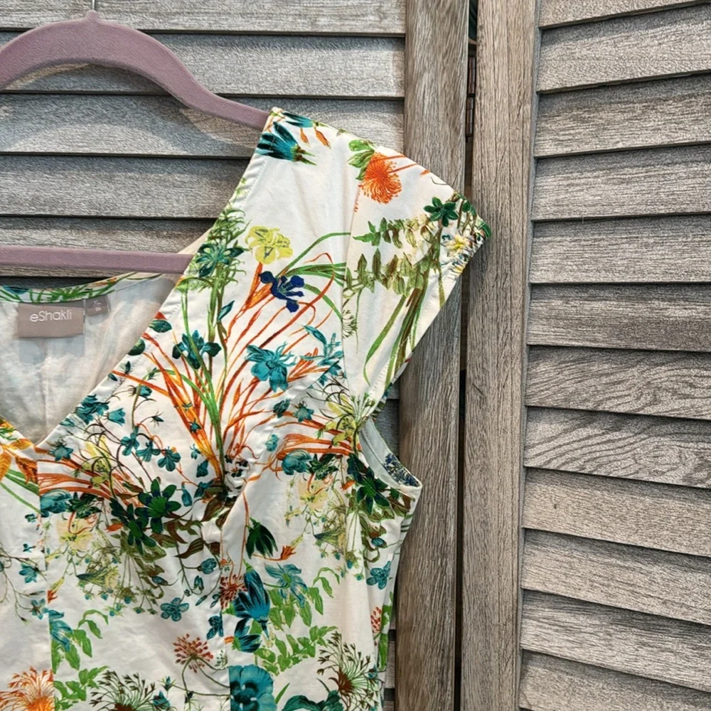 eshakti Cream Floral Fit-and-Flare Dress with Green & Teal Accents - Picture 4 of 11